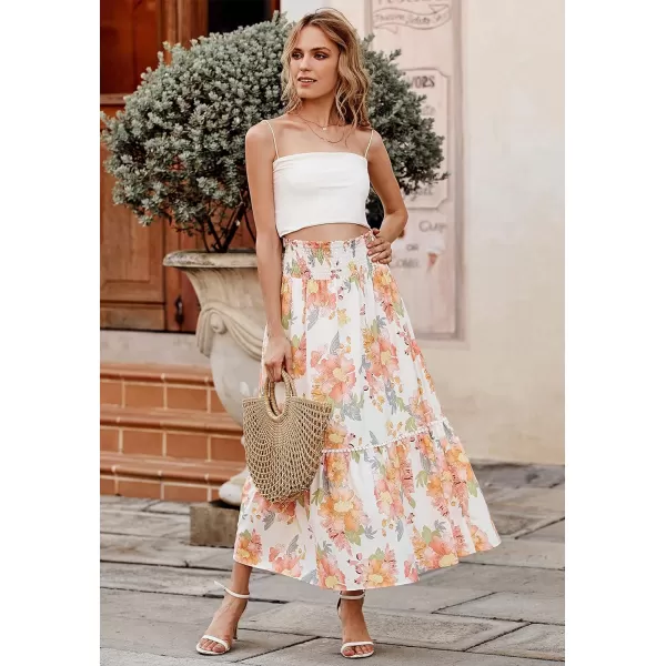 imageBTFBM Women 2023 Summer Fall Floral Long Skirts Casual Elastic High Waist Pleated Swing A Line Boho Beach Maxi SkirtFloral Orange Pink