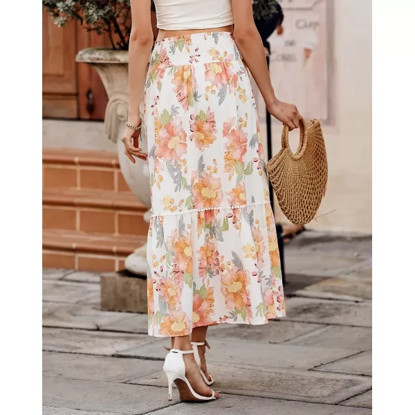 imageBTFBM Women 2023 Summer Fall Floral Long Skirts Casual Elastic High Waist Pleated Swing A Line Boho Beach Maxi SkirtFloral Orange Pink