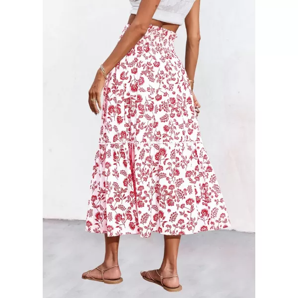 imageBTFBM Women 2023 Summer Fall Floral Long Skirts Casual Elastic High Waist Pleated Swing A Line Boho Beach Maxi SkirtFloral Red