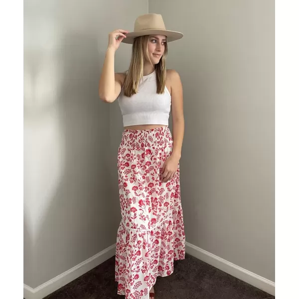 imageBTFBM Women 2023 Summer Fall Floral Long Skirts Casual Elastic High Waist Pleated Swing A Line Boho Beach Maxi SkirtFloral Red
