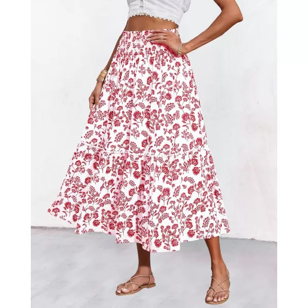 imageBTFBM Women 2023 Summer Fall Floral Long Skirts Casual Elastic High Waist Pleated Swing A Line Boho Beach Maxi SkirtFloral Red
