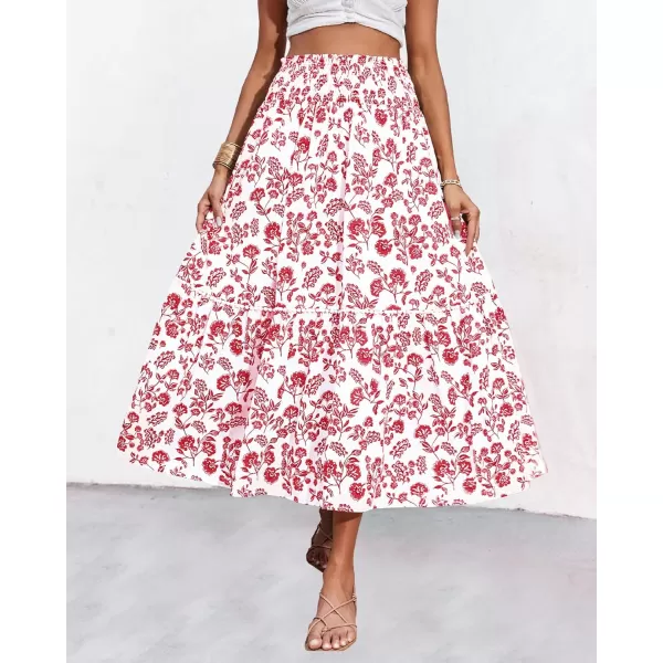 imageBTFBM Women 2023 Summer Fall Floral Long Skirts Casual Elastic High Waist Pleated Swing A Line Boho Beach Maxi SkirtFloral Red