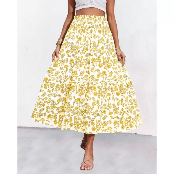imageBTFBM Women 2023 Summer Fall Floral Long Skirts Casual Elastic High Waist Pleated Swing A Line Boho Beach Maxi SkirtFloral Yellow