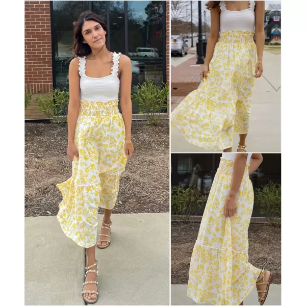 imageBTFBM Women 2023 Summer Fall Floral Long Skirts Casual Elastic High Waist Pleated Swing A Line Boho Beach Maxi SkirtFloral Yellow