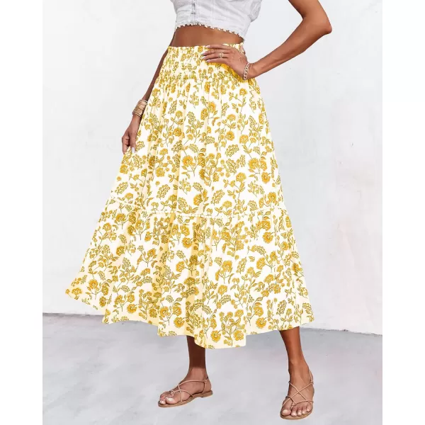 imageBTFBM Women 2023 Summer Fall Floral Long Skirts Casual Elastic High Waist Pleated Swing A Line Boho Beach Maxi SkirtFloral Yellow