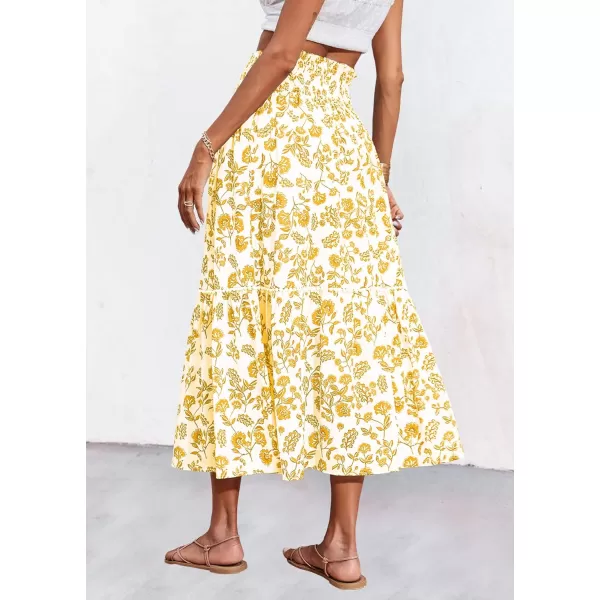 imageBTFBM Women 2023 Summer Fall Floral Long Skirts Casual Elastic High Waist Pleated Swing A Line Boho Beach Maxi SkirtFloral Yellow