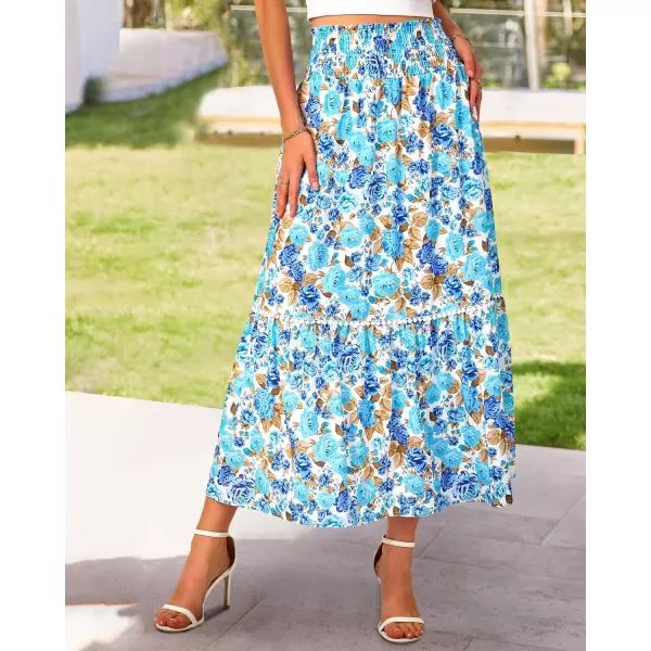 imageBTFBM Women 2023 Summer Fall Floral Long Skirts Casual Elastic High Waist Pleated Swing A Line Boho Beach Maxi SkirtFlower Blue