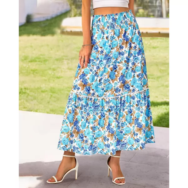 imageBTFBM Women 2023 Summer Fall Floral Long Skirts Casual Elastic High Waist Pleated Swing A Line Boho Beach Maxi SkirtFlower Blue