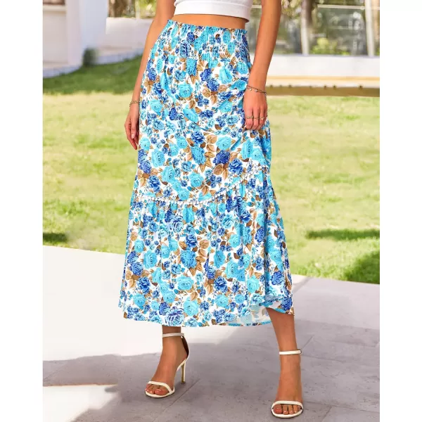 imageBTFBM Women 2023 Summer Fall Floral Long Skirts Casual Elastic High Waist Pleated Swing A Line Boho Beach Maxi SkirtFlower Blue