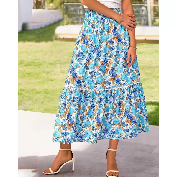 imageBTFBM Women 2023 Summer Fall Floral Long Skirts Casual Elastic High Waist Pleated Swing A Line Boho Beach Maxi SkirtFlower Blue