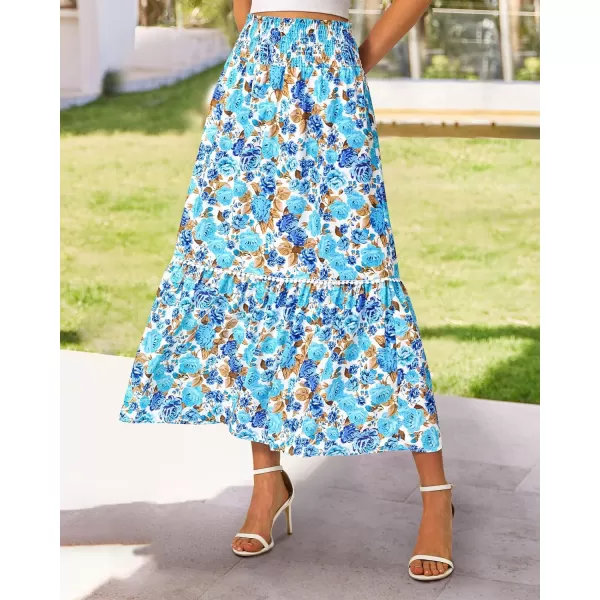 imageBTFBM Women 2023 Summer Fall Floral Long Skirts Casual Elastic High Waist Pleated Swing A Line Boho Beach Maxi SkirtFlower Blue