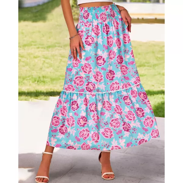 imageBTFBM Women 2023 Summer Fall Floral Long Skirts Casual Elastic High Waist Pleated Swing A Line Boho Beach Maxi SkirtFlower Blue Pink