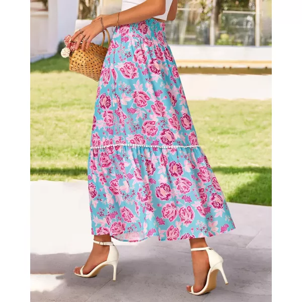 imageBTFBM Women 2023 Summer Fall Floral Long Skirts Casual Elastic High Waist Pleated Swing A Line Boho Beach Maxi SkirtFlower Blue Pink