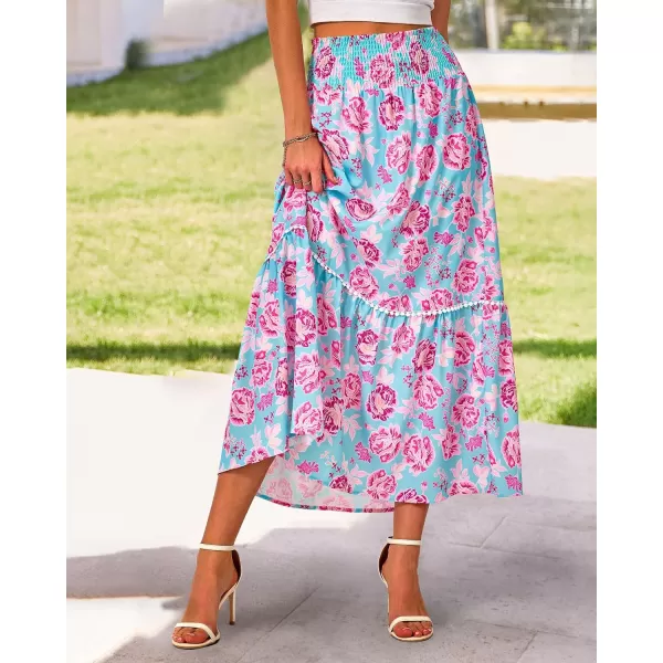imageBTFBM Women 2023 Summer Fall Floral Long Skirts Casual Elastic High Waist Pleated Swing A Line Boho Beach Maxi SkirtFlower Blue Pink