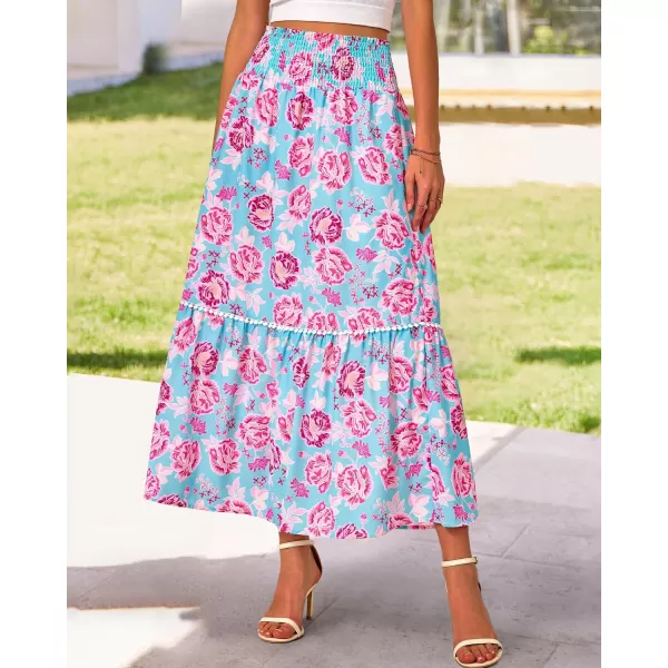 imageBTFBM Women 2023 Summer Fall Floral Long Skirts Casual Elastic High Waist Pleated Swing A Line Boho Beach Maxi SkirtFlower Blue Pink