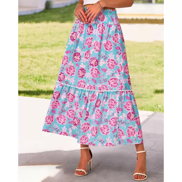 imageBTFBM Women 2023 Summer Fall Floral Long Skirts Casual Elastic High Waist Pleated Swing A Line Boho Beach Maxi SkirtFlower Blue Pink
