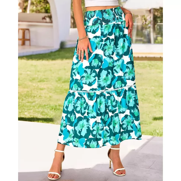 imageBTFBM Women 2023 Summer Fall Floral Long Skirts Casual Elastic High Waist Pleated Swing A Line Boho Beach Maxi SkirtFlower Green