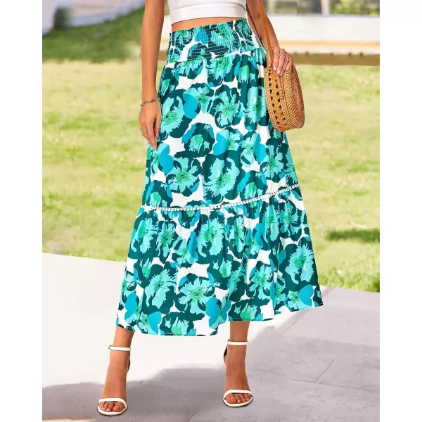 imageBTFBM Women 2023 Summer Fall Floral Long Skirts Casual Elastic High Waist Pleated Swing A Line Boho Beach Maxi SkirtFlower Green