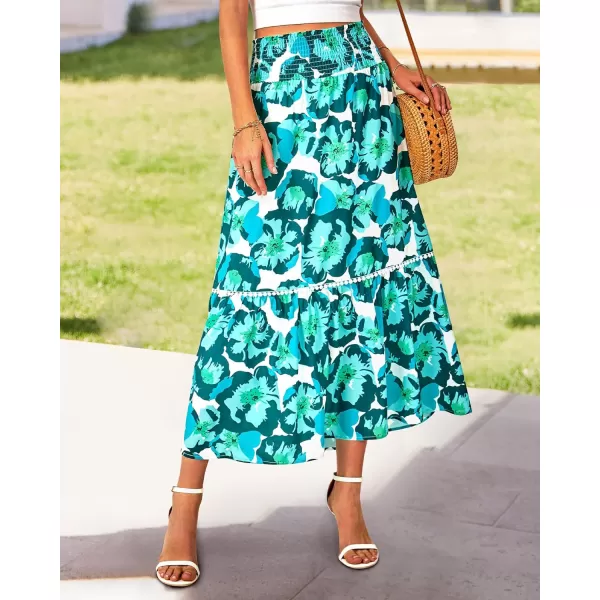 imageBTFBM Women 2023 Summer Fall Floral Long Skirts Casual Elastic High Waist Pleated Swing A Line Boho Beach Maxi SkirtFlower Green