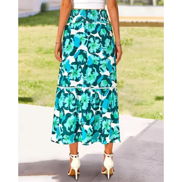imageBTFBM Women 2023 Summer Fall Floral Long Skirts Casual Elastic High Waist Pleated Swing A Line Boho Beach Maxi SkirtFlower Green