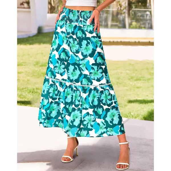 imageBTFBM Women 2023 Summer Fall Floral Long Skirts Casual Elastic High Waist Pleated Swing A Line Boho Beach Maxi SkirtFlower Green