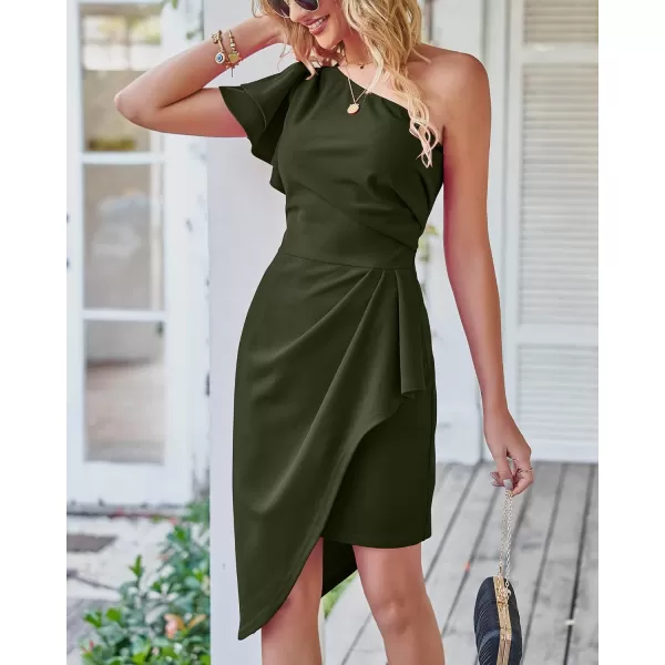 imageBTFBM Women 2023 Summer Fashion Elegant One Shoulder Cocktail Dress Ruffle Sleeve Wrap Ruched Bodycon Short Party DressesSolid Army Green