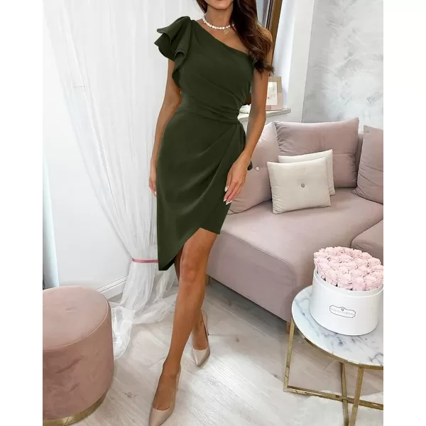 imageBTFBM Women 2023 Summer Fashion Elegant One Shoulder Cocktail Dress Ruffle Sleeve Wrap Ruched Bodycon Short Party DressesSolid Army Green