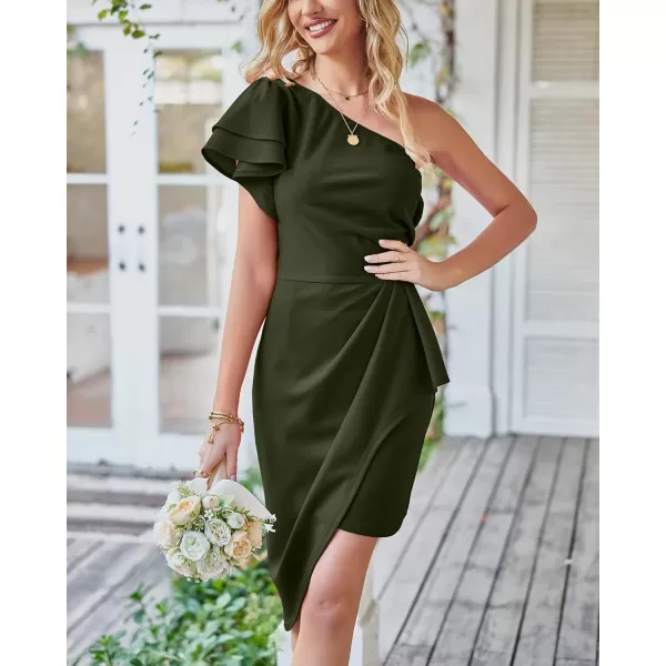 imageBTFBM Women 2023 Summer Fashion Elegant One Shoulder Cocktail Dress Ruffle Sleeve Wrap Ruched Bodycon Short Party DressesSolid Army Green