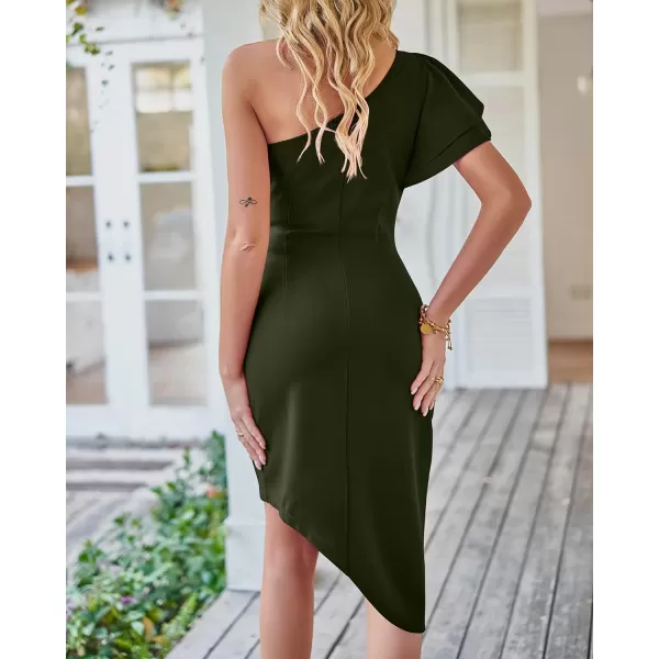 imageBTFBM Women 2023 Summer Fashion Elegant One Shoulder Cocktail Dress Ruffle Sleeve Wrap Ruched Bodycon Short Party DressesSolid Army Green
