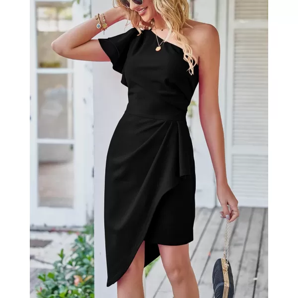 imageBTFBM Women 2023 Summer Fashion Elegant One Shoulder Cocktail Dress Ruffle Sleeve Wrap Ruched Bodycon Short Party DressesSolid Black