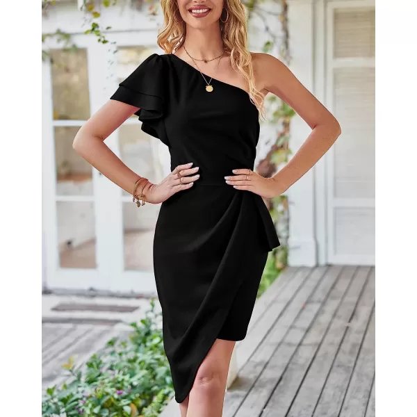 imageBTFBM Women 2023 Summer Fashion Elegant One Shoulder Cocktail Dress Ruffle Sleeve Wrap Ruched Bodycon Short Party DressesSolid Black