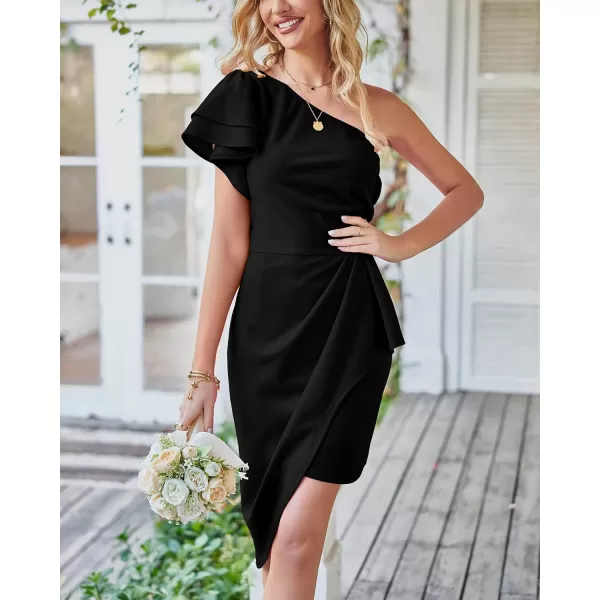 imageBTFBM Women 2023 Summer Fashion Elegant One Shoulder Cocktail Dress Ruffle Sleeve Wrap Ruched Bodycon Short Party DressesSolid Black