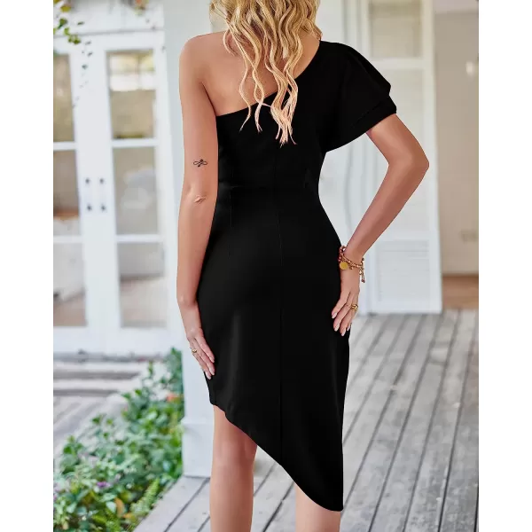 imageBTFBM Women 2023 Summer Fashion Elegant One Shoulder Cocktail Dress Ruffle Sleeve Wrap Ruched Bodycon Short Party DressesSolid Black