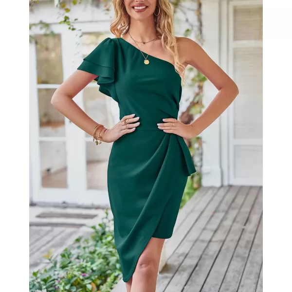 imageBTFBM Women 2023 Summer Fashion Elegant One Shoulder Cocktail Dress Ruffle Sleeve Wrap Ruched Bodycon Short Party DressesSolid Dark Green