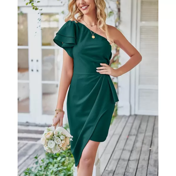 imageBTFBM Women 2023 Summer Fashion Elegant One Shoulder Cocktail Dress Ruffle Sleeve Wrap Ruched Bodycon Short Party DressesSolid Dark Green