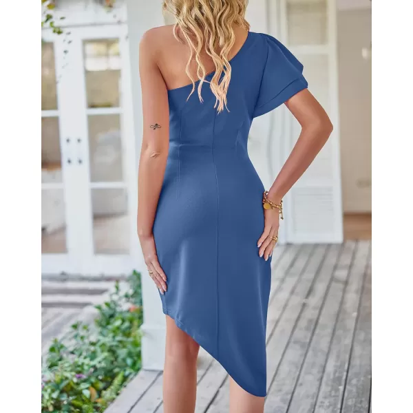 imageBTFBM Women 2023 Summer Fashion Elegant One Shoulder Cocktail Dress Ruffle Sleeve Wrap Ruched Bodycon Short Party DressesSolid Grey Blue