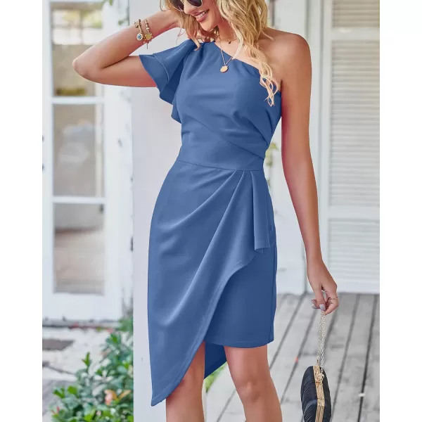 imageBTFBM Women 2023 Summer Fashion Elegant One Shoulder Cocktail Dress Ruffle Sleeve Wrap Ruched Bodycon Short Party DressesSolid Grey Blue