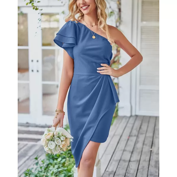 imageBTFBM Women 2023 Summer Fashion Elegant One Shoulder Cocktail Dress Ruffle Sleeve Wrap Ruched Bodycon Short Party DressesSolid Grey Blue