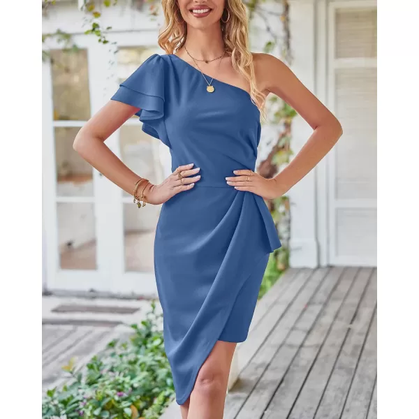 imageBTFBM Women 2023 Summer Fashion Elegant One Shoulder Cocktail Dress Ruffle Sleeve Wrap Ruched Bodycon Short Party DressesSolid Grey Blue