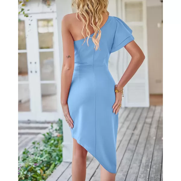 imageBTFBM Women 2023 Summer Fashion Elegant One Shoulder Cocktail Dress Ruffle Sleeve Wrap Ruched Bodycon Short Party DressesSolid Light Blue