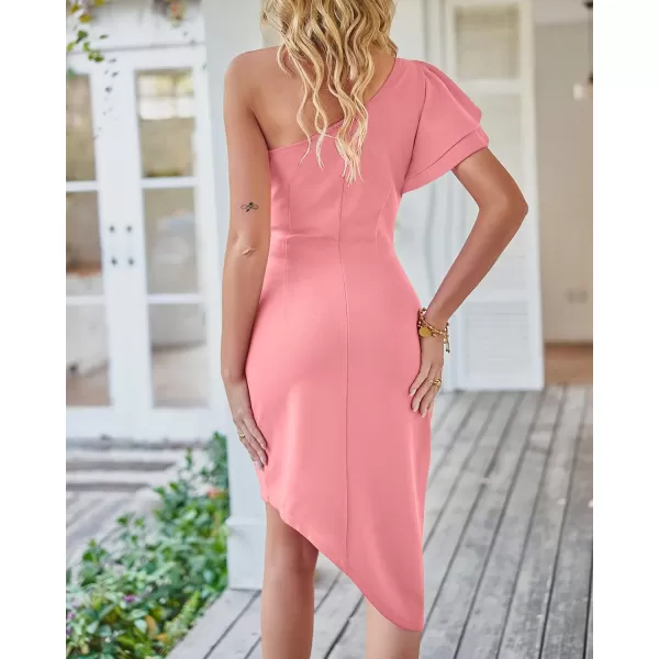 imageBTFBM Women 2023 Summer Fashion Elegant One Shoulder Cocktail Dress Ruffle Sleeve Wrap Ruched Bodycon Short Party DressesSolid Light Pink
