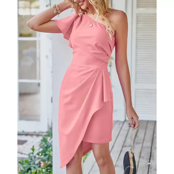 imageBTFBM Women 2023 Summer Fashion Elegant One Shoulder Cocktail Dress Ruffle Sleeve Wrap Ruched Bodycon Short Party DressesSolid Light Pink