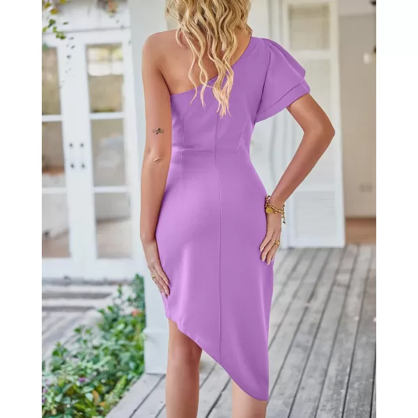 imageBTFBM Women 2023 Summer Fashion Elegant One Shoulder Cocktail Dress Ruffle Sleeve Wrap Ruched Bodycon Short Party DressesSolid Light Purple