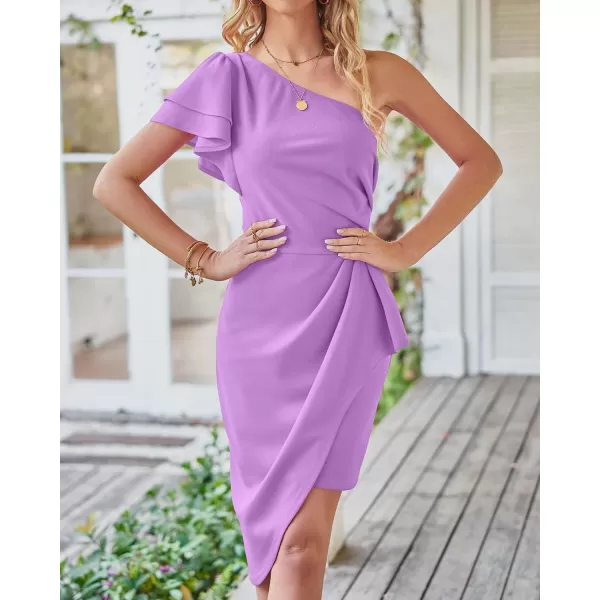 imageBTFBM Women 2023 Summer Fashion Elegant One Shoulder Cocktail Dress Ruffle Sleeve Wrap Ruched Bodycon Short Party DressesSolid Light Purple