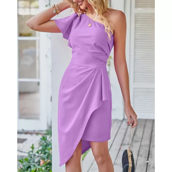 imageBTFBM Women 2023 Summer Fashion Elegant One Shoulder Cocktail Dress Ruffle Sleeve Wrap Ruched Bodycon Short Party DressesSolid Light Purple
