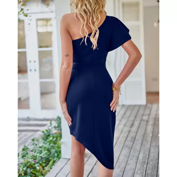 imageBTFBM Women 2023 Summer Fashion Elegant One Shoulder Cocktail Dress Ruffle Sleeve Wrap Ruched Bodycon Short Party DressesSolid Navy