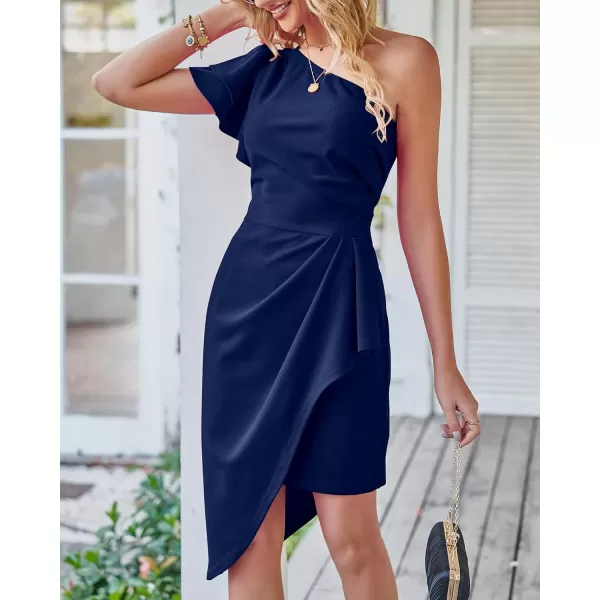 imageBTFBM Women 2023 Summer Fashion Elegant One Shoulder Cocktail Dress Ruffle Sleeve Wrap Ruched Bodycon Short Party DressesSolid Navy