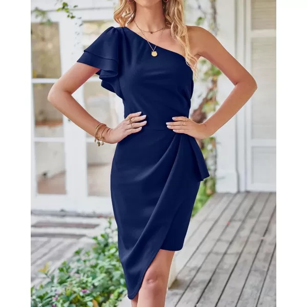 imageBTFBM Women 2023 Summer Fashion Elegant One Shoulder Cocktail Dress Ruffle Sleeve Wrap Ruched Bodycon Short Party DressesSolid Navy