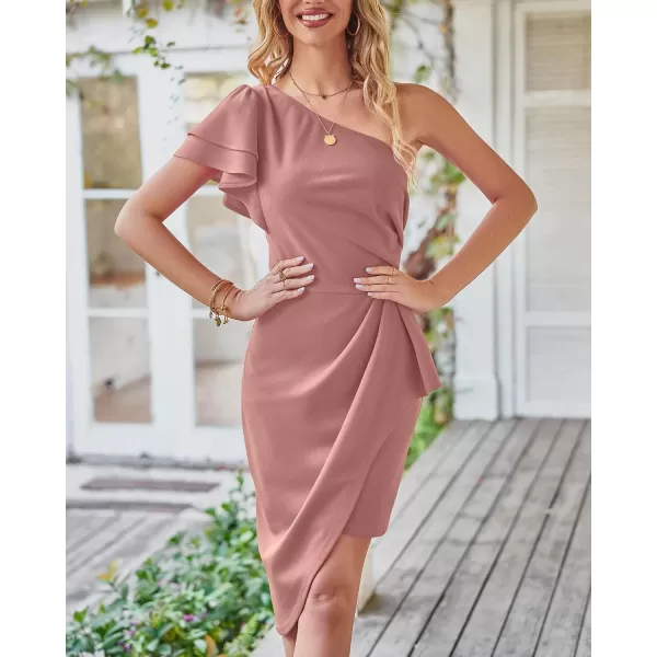 imageBTFBM Women 2023 Summer Fashion Elegant One Shoulder Cocktail Dress Ruffle Sleeve Wrap Ruched Bodycon Short Party DressesSolid Pink
