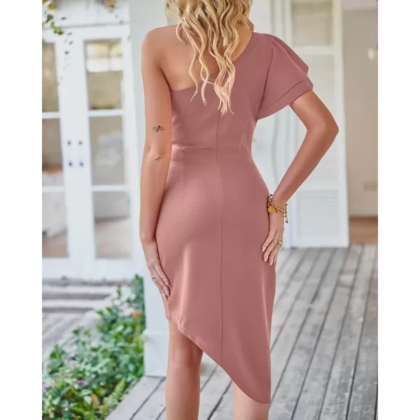 imageBTFBM Women 2023 Summer Fashion Elegant One Shoulder Cocktail Dress Ruffle Sleeve Wrap Ruched Bodycon Short Party DressesSolid Pink